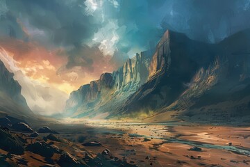 A vast canyon landscape with towering cliffs and a distant river under a vibrant sky