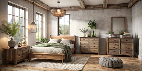 Canvas Print - Bedroom with a cozy bed and a rustic dresser, bed, bedroom, interior, home, cozy, furniture, decor, design, wood, cozy