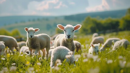 Wall Mural - Adorable young lambs playing with sheep in a green meadow