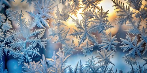 Poster - Detailed close-up of intricate ice crystal patterns on left window, ice, crystal, patterns, close-up, detail, intricate, frost