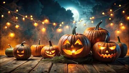 Canvas Print - Spooky Halloween background with illuminated pumpkins on a dark night , pumpkins, Halloween, background, spooky