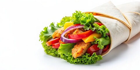 Poster - Chicken strips wrap filled with colorful vegetables on a white background, chicken strips, wrap, vegetables, colorful, healthy