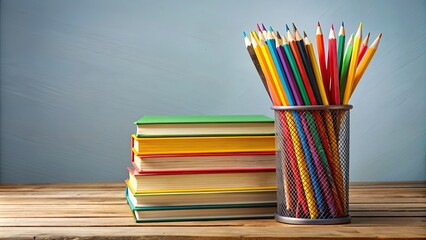 Wall Mural - Stack of colorful books with assorted pencils on top, education, school, learning, reading, study, supplies, stationary