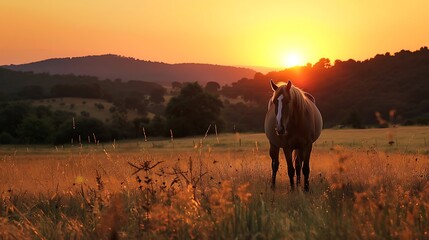 Wall Mural - An outdoor late summer sunset with a berber arab horse in the background