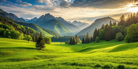 Sticker - Serene landscape of lush green grass in the mountains , nature, serene, landscape, grass, mountains, green, peaceful, tranquil