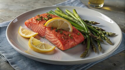 Wall Mural - Freshly steamed salmon fillet with asparagus and lemon on a white plate , Food, salmon, fillet, asparagus, fresh, steamed