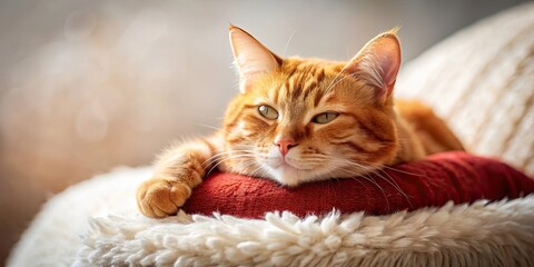 Sticker - Dreamy red cat lounging on a soft pillow, dreamy, red, cat, feline, pet, animal, sleepy, cozy, fluffy, vibrant, cute