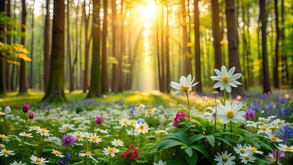 Canvas Print - Beautiful wild flowers blooming in the lush forest setting, forest, flowers, blooming, vibrant, nature, scenic