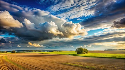 Poster - A scenic view of a vast field under a cloudy sky, field, sky, clouds, landscape, nature, rural, countryside, grass, horizon