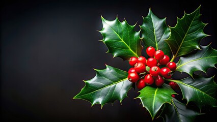 Canvas Print - Holly leaves and vibrant red berries contrast beautifully against a black background, Christmas, holiday, winter