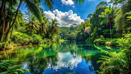 Canvas Print - Tropical forest lake with vibrant vegetation and wildlife , jungle, rainforest, water, exotic, lush, nature, tropical