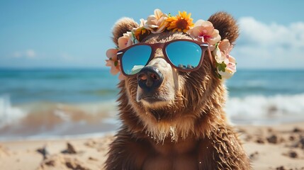 Wall Mural - Bear on the beach with goggles and a floral garland