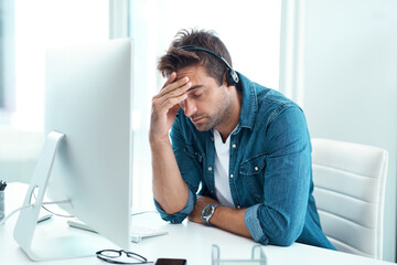 Aufkleber - Tired, headset and man with stress, headache and mental health of person, exhausted and customer service in office. Mic, frustrated and thinking in call center, desk and telemarketing with migraine