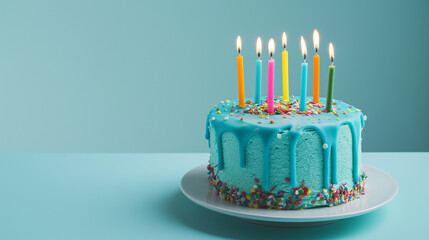 Wall Mural - Colorful birthday cake with candles and decorations against a blue background.