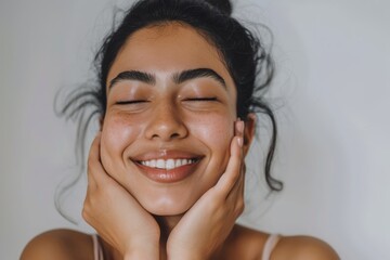 Wall Mural - Happy Indian woman with natural skin isolated on white background Cosmetics used for facial glow wellness or self care in studio