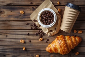 Sticker - Morning breakfast with coffee eco cup croissant and rustic vibe on wooden table Top view