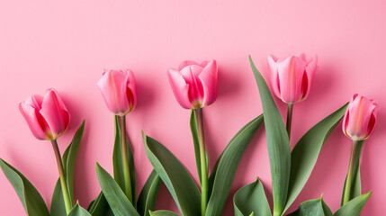 Wall Mural - Soft pink tulips with green leaves on a matching pink background.