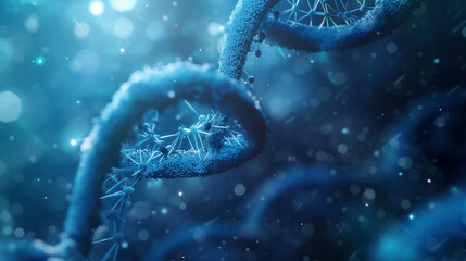 Wall Mural - A close-up view of a glowing DNA strand in a dark, blue environment.