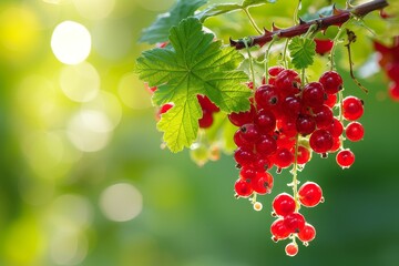 Wall Mural - Ripe red currant branch in a garden with green backdrop