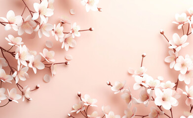 Wall Mural - Delicate cherry blossoms on thin branches against a soft pink background.