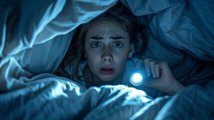 Wall Mural - Portrait of a young woman in pajamas at night searching something under the bed with a flashlight.