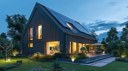 Canvas Print - Modern Home with Solar Panels at Twilight