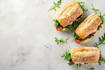 Sticker - Two sandwiches with sausage cheese and arugula on a light concrete background Quick meal or snack concept for work or school Top view with room for