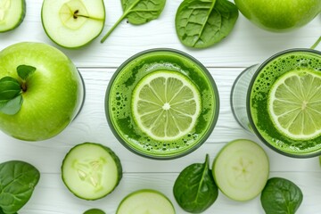 Sticker - Vibrant green juice with vegetables apple and lime displayed on a white wooden backdrop Plant based and detoxifying