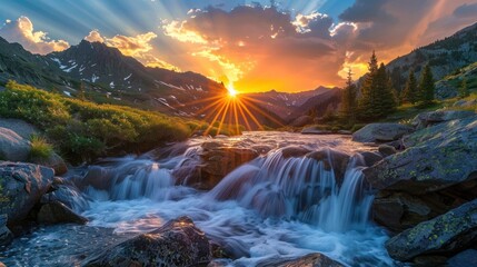 Canvas Print - Sunset Over Mountain Stream