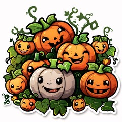 88. kawaii pumpkin patch sticker, smiling faces, vines connecting
