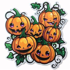 88. kawaii pumpkin patch sticker, smiling faces, vines connecting