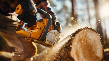 Person using chainsaw on log in forest, close-up, sawdust flying, powerful tool in action,