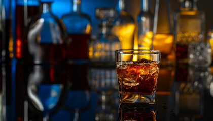 Wall Mural - Glass of whiskey with ice on a black reflective background.