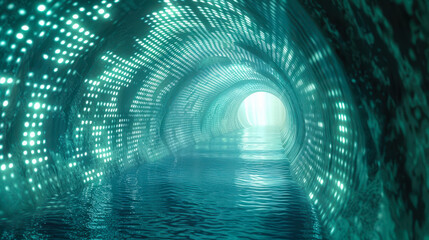 Poster - futuristic tunnel with binary code stream and reflective water surface in blue hues, concept of digi