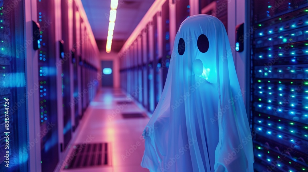 Haunted Internet 1. Halloween Day: Modern haunted data center, ghostly server racks ...