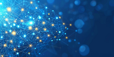 An abstract digital technology background with a dark blue design, featuring glowing dots creating a network pattern effect. 3D Rendering
