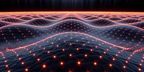 An abstract digital technology background with a dark blue design, featuring glowing dots creating a network pattern effect. 3D Rendering