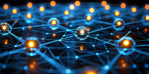 An abstract digital technology background with a dark blue design, featuring glowing dots creating a network pattern effect. 3D Rendering
