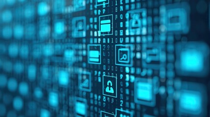 Digital background with blue glowing icons and binary code. Perfect for technology, data, and security concepts. Poster art, website, and media decor. Commercial use, 300 dpi