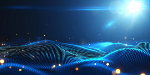 An abstract digital technology background with a dark blue design, featuring glowing dots creating a network pattern effect. 3D Rendering