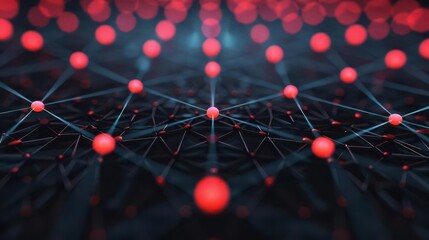 Poster - Abstract network of glowing red nodes connected by lines, creating a futuristic digital background. Poster art, website, and media decor. Commercial use, 300 dpi