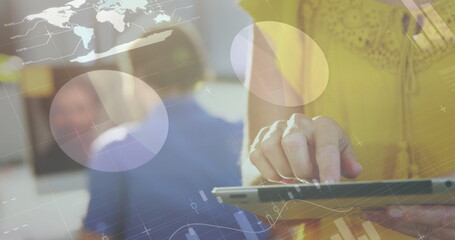 Poster - Image of infographic interface over midsection of caucasian woman using digital tablet