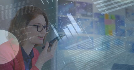 Poster - Image of statistical data processing against caucasian woman talking on smartphone at office