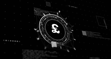 Poster - Image of network with data processing and pound signs over black background