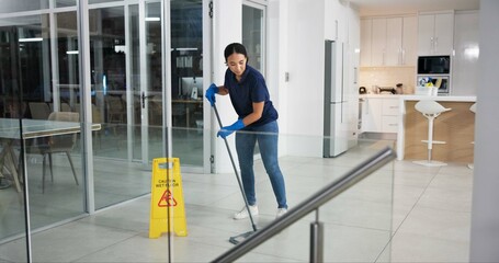 Woman, cleaner and mopping floor in office for wellness, disinfect and protection from disease risk in building. Maintenance, female person and chemical liquid of pest control, health and hygiene