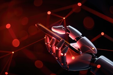 Poster - A robotic hand, illuminated by red light, holds a smartphone in a futuristic setting