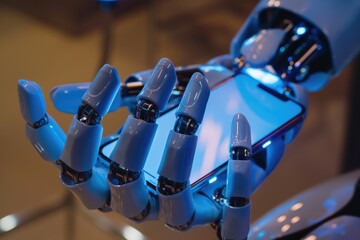 Poster - A close-up of a robotic hand holding a smartphone, with the screen glowing bright blue, in a futuristic environment