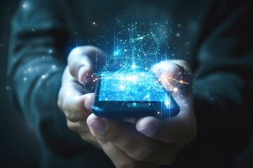 Poster - A close-up shot of a hand holding a smartphone with a bright blue digital network emanating from the screen, illuminating the fingers