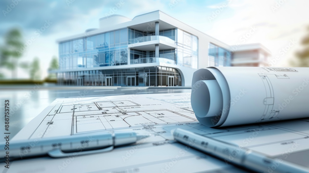 Architectural plan and blueprints for a new office building Stock ...