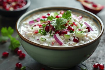 Sticker - Pomegranate and Cucumber Raita Yogurt mixed with cucumber onions spices and garnished with coriander Indian fresh condiment